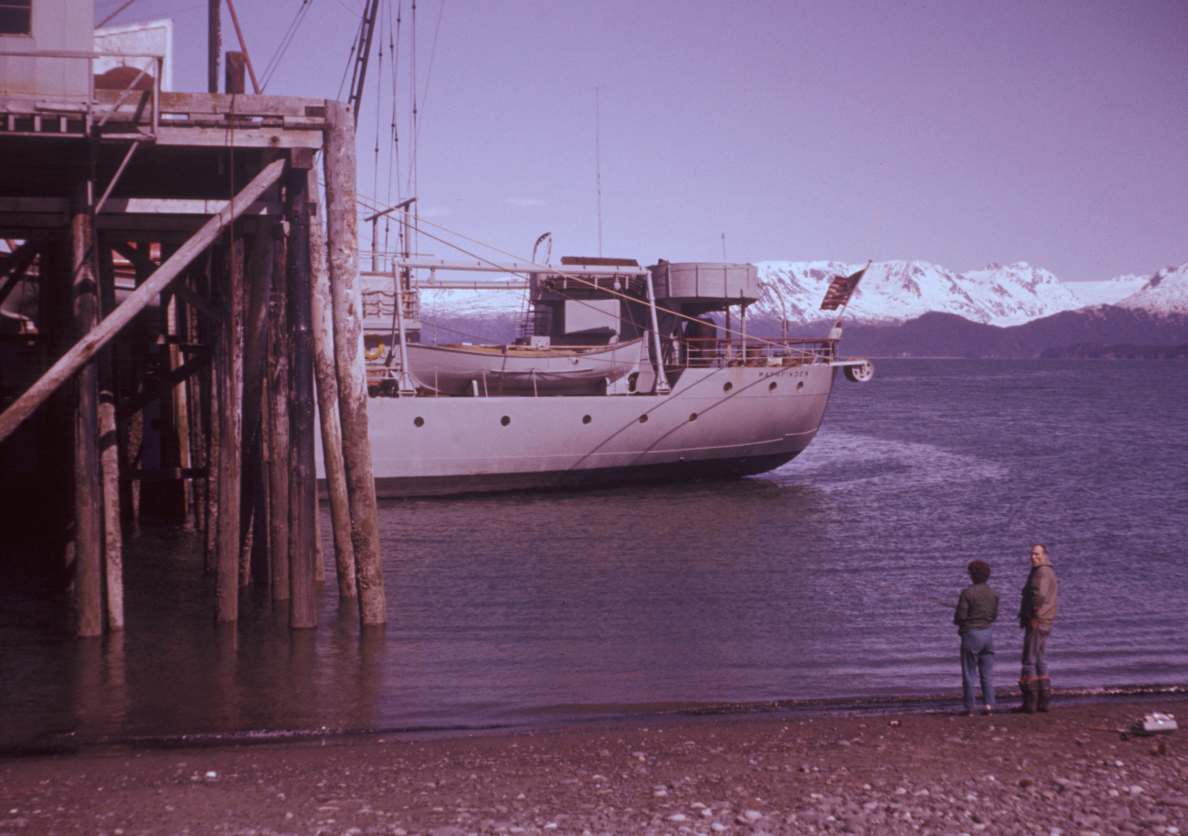 Stern of Coast and Geodetic Survey Ship PATHFINDER tied up in Cook Inlet