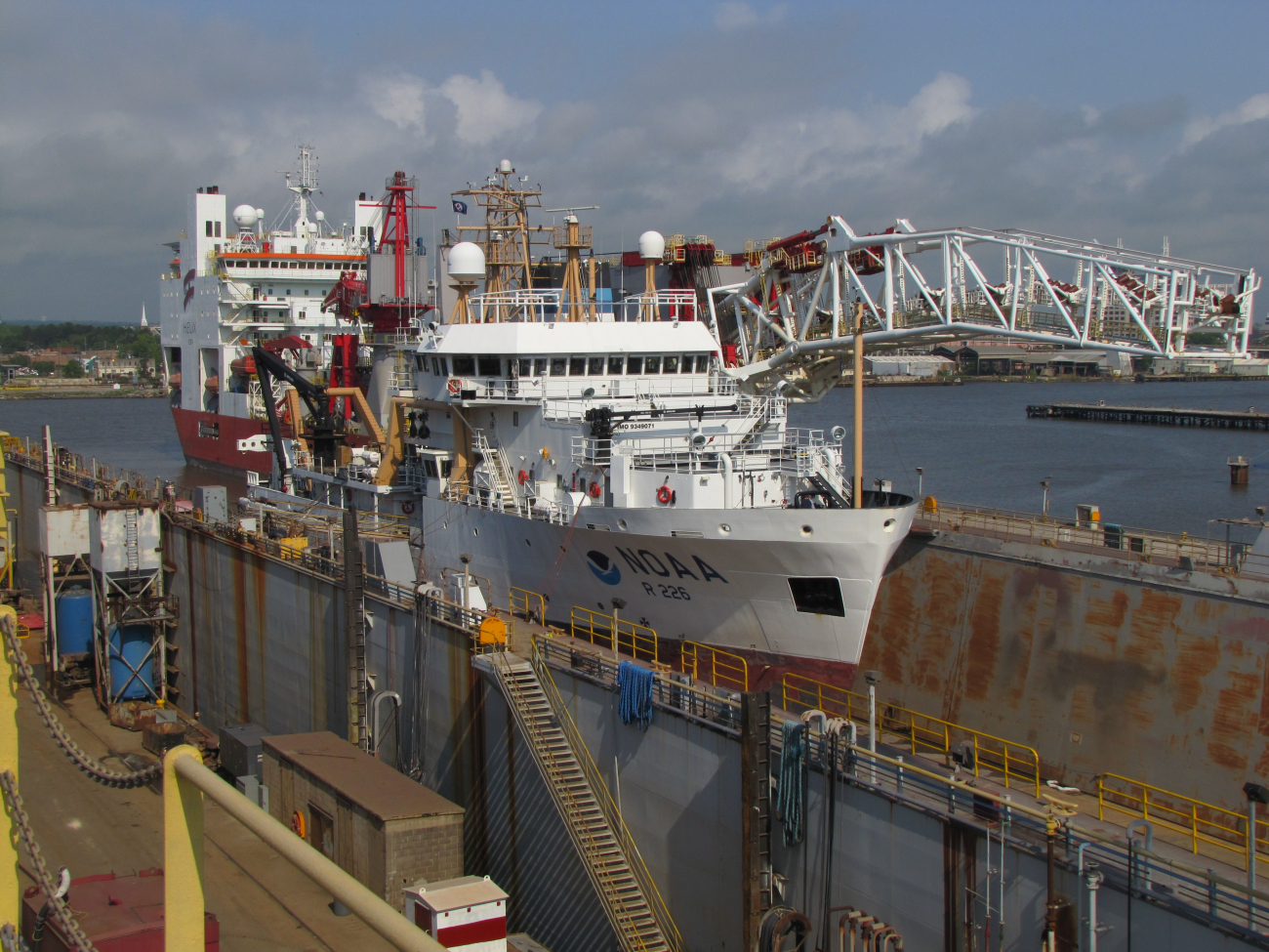 NOAA Ship PISCES in drydock with water pumped out