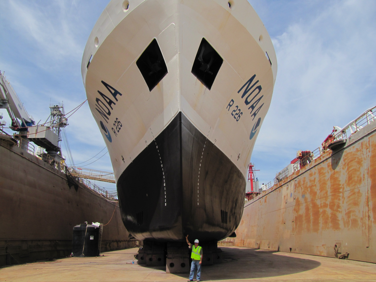 NOAA Ship PISCES in drydock looking bow on
