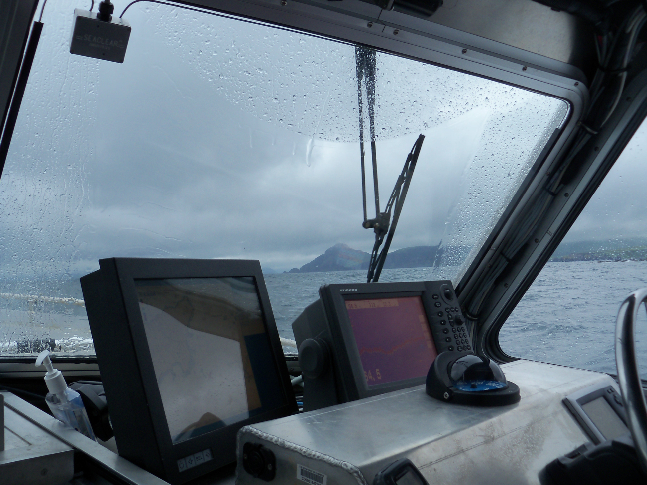 A combination of spray and rain partially obstructing vision while working inthe Pavlof Islands