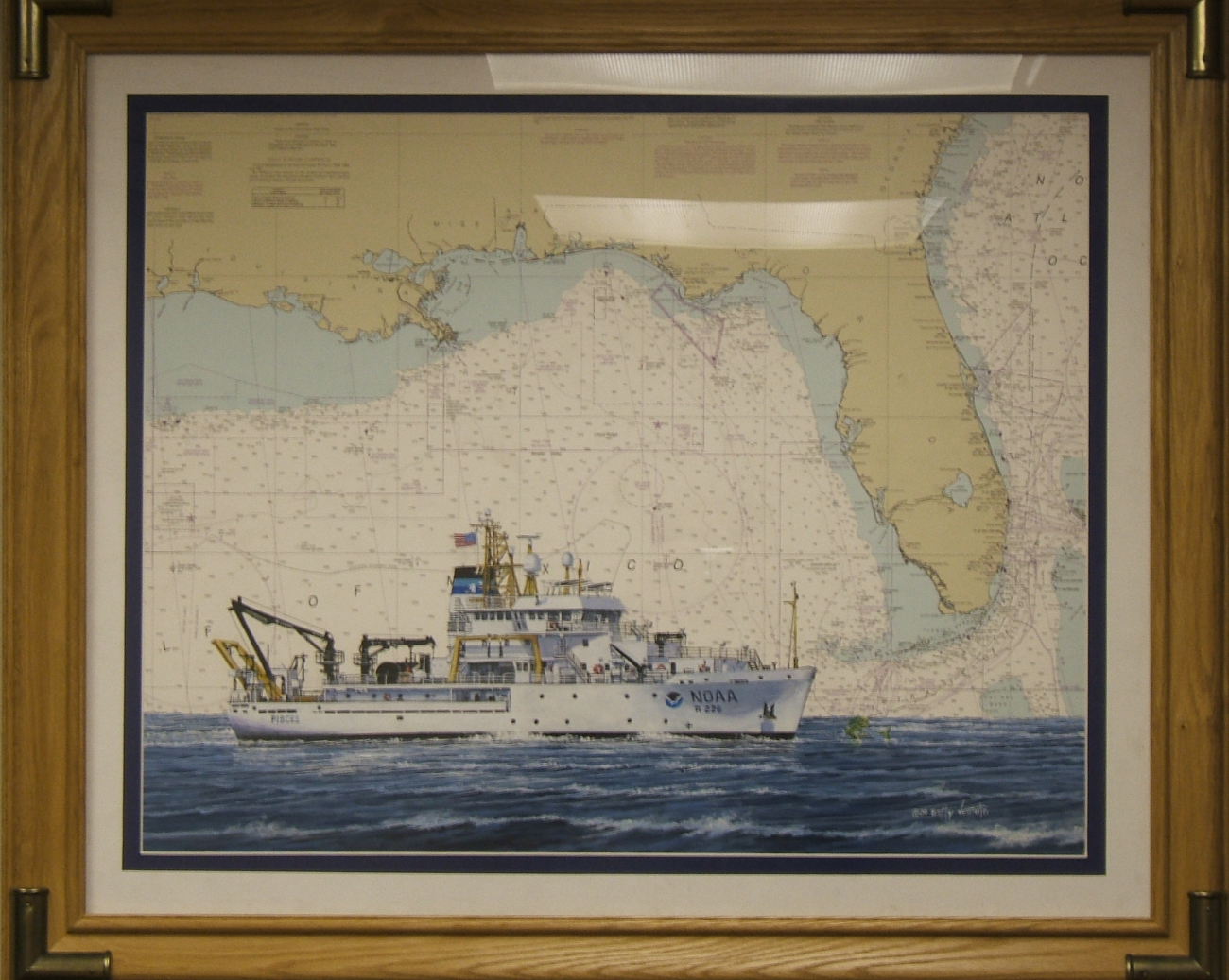 Painting of NOAA Ship PISCES superimposed on a chart of the Gulf of Mexico