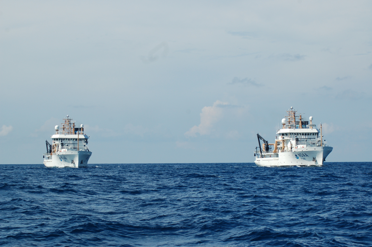 Starboard quarter  view of NOAA Ships BELL SHIMADA (R227) and PISCES (R226)