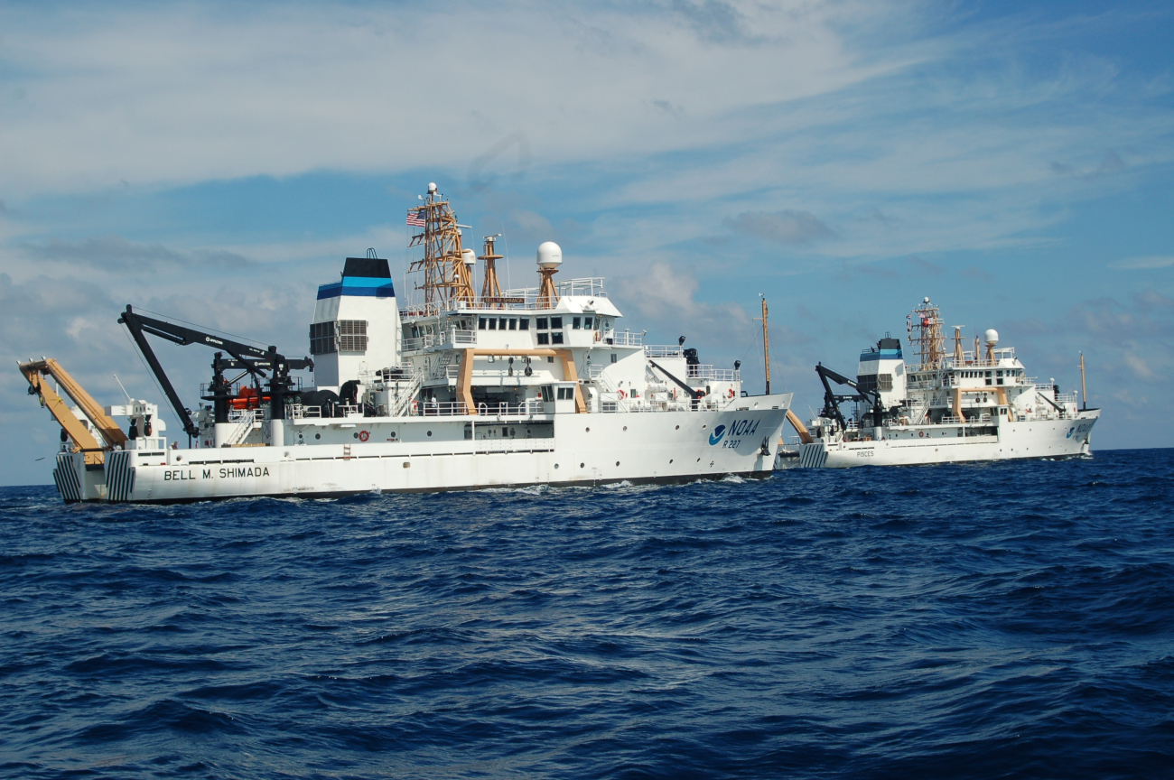 Bow  view of NOAA Ships BELL SHIMADA (R227) and PISCES (R226)