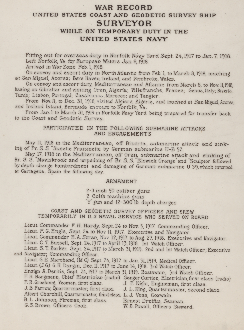 World War I record of the United States Coast and Geodetic Survey ShipSURVEYOR