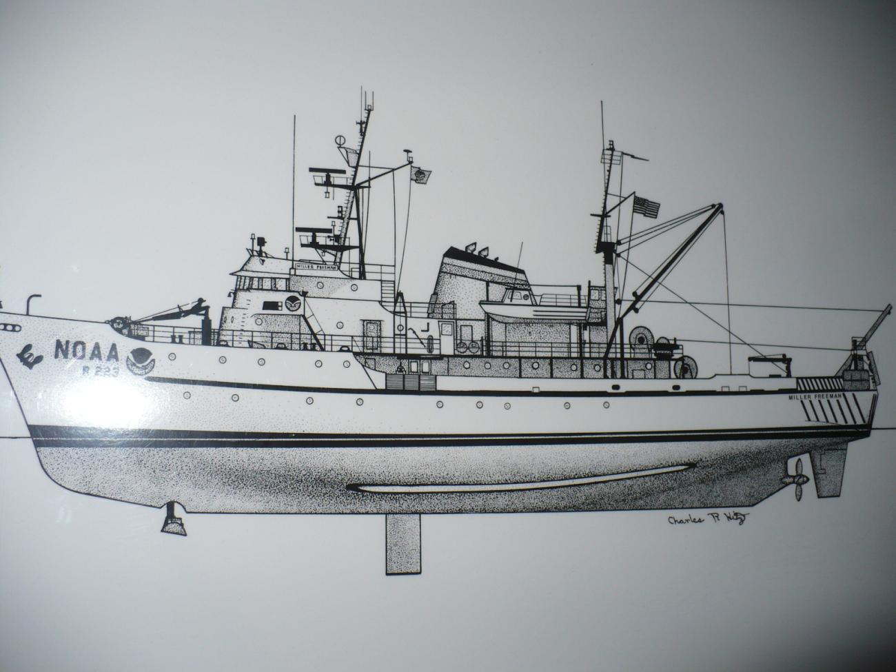 Line drawing of NOAA Ship MILLER FREEMAN by Charles R