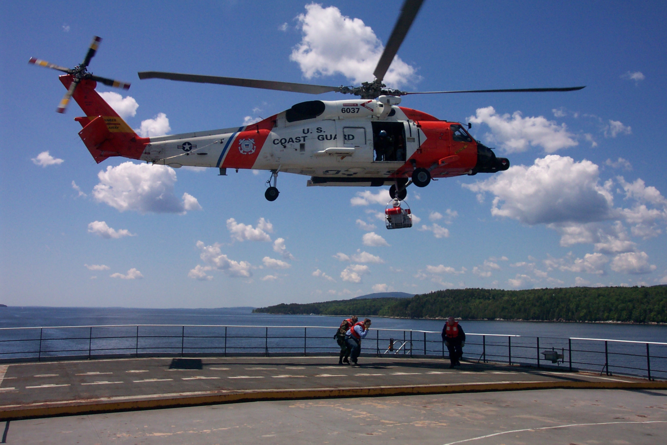 Helicopter drills in cooperation with the United States Coast Guard off theMaine Maritime Academy Training Vessel STATE OF MAINE