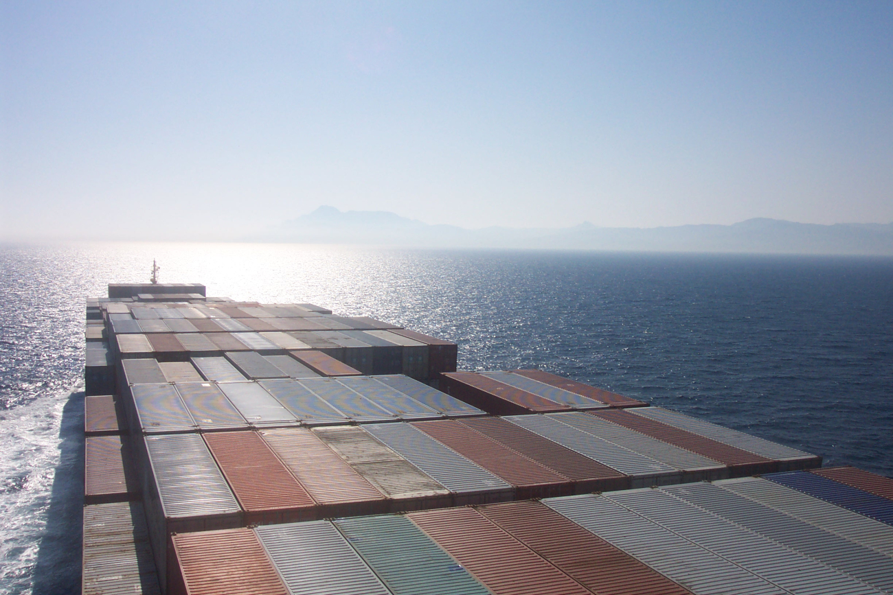 The containership SEALAND COMMITMENT entering the Straits of Gibraltar