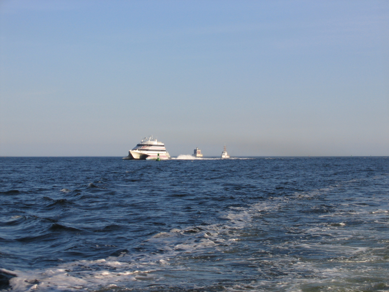 Sea Jet I, the Foxwoods ferry running past the New London Ledge Lighthouse