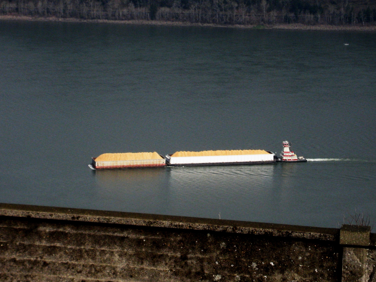 A push boat on the Columbia River pushing what appears to be loaded barges ofsand
