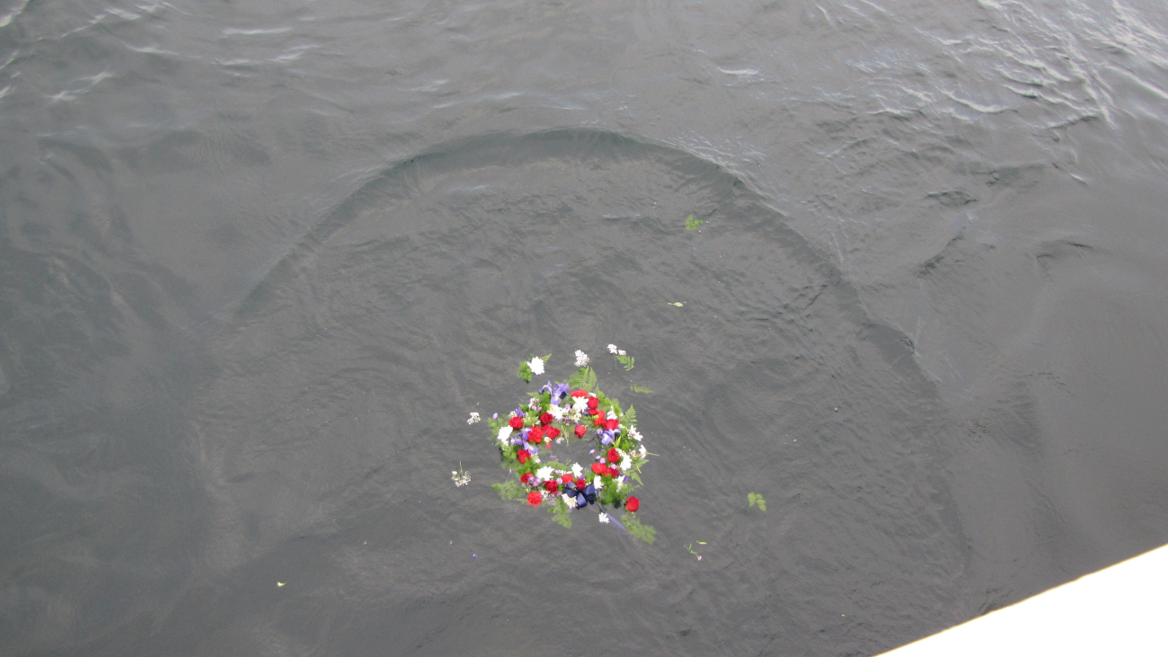 A wreath laid at a ceremony held on the NOAA Ship PISCES for the victims ofthe Deepwater Horizon disaster