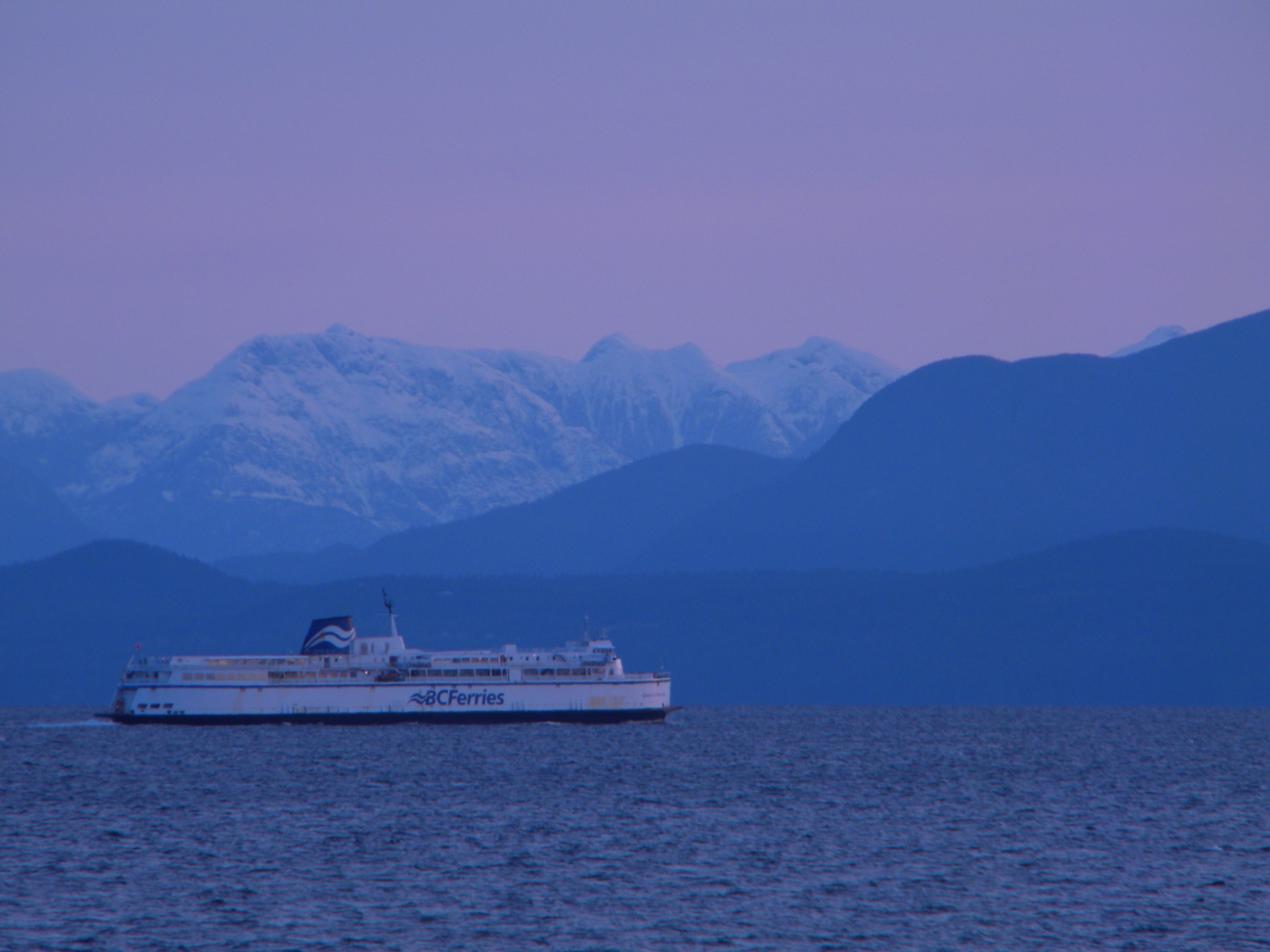 A BC ferry boat at twilight