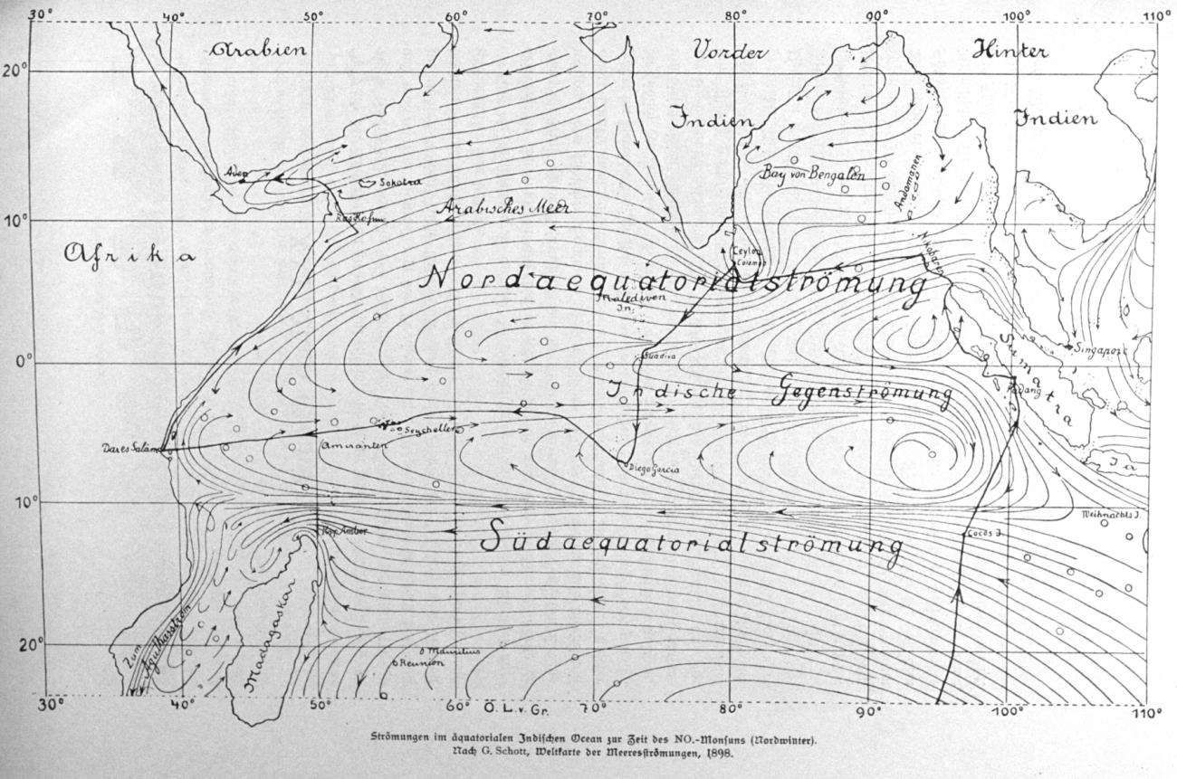 Current system in the equatorial Indian Ocean at the time of the monsoon (northern hemisphere winter) by Gerhard Schott, 1898