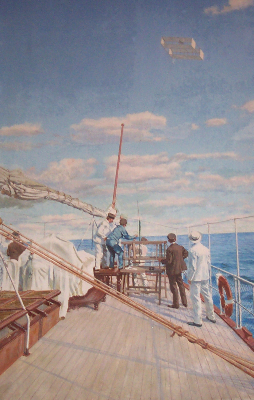 Painting of launch of meteorological kite from stern of Prince Albert'svessel Princesse Alice