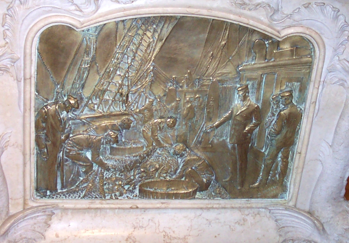 Bronze casting of Prince Albert directing the sorting of a dredge haulwhile on the Princesse Alice