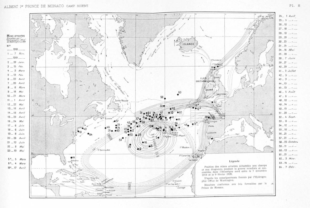 Positions of errant mines that broke away from moorings during the First WorldWar and recovered in the North Atlantic between November 7, 1918, and February 9, 1920