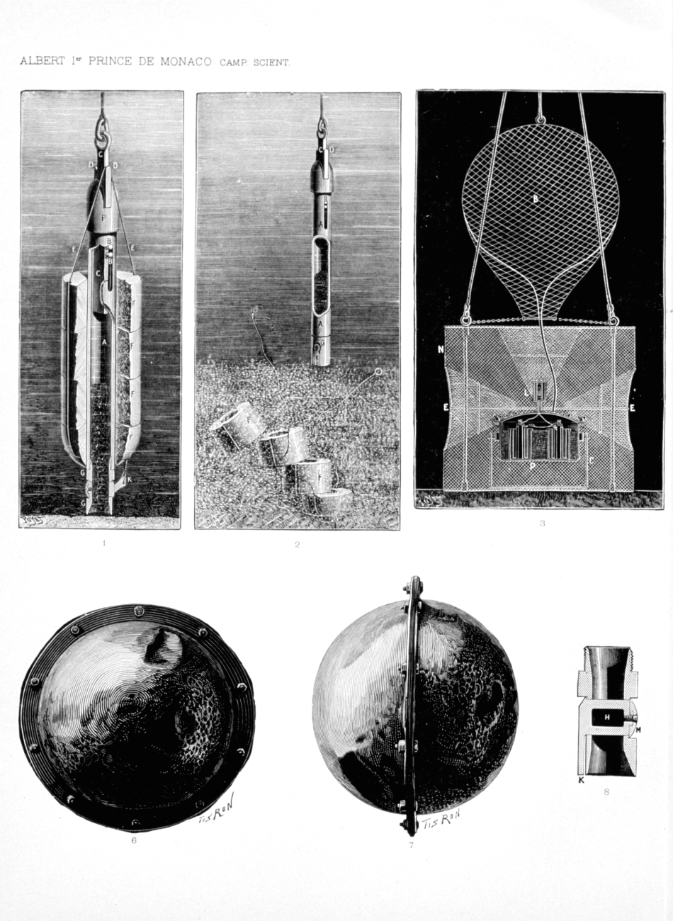A variety of types of equipment and fittings including the lock sounder of theHIRONDELLE, figures 1 and 2; metallic fish trap with electric lamp devised byDr