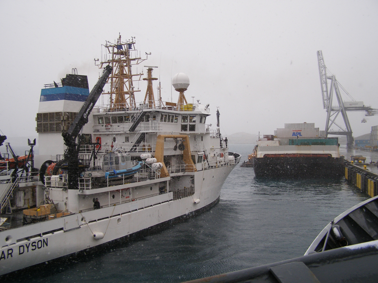 NOAA Ship OSCAR DYSON walking its way into a berth at Dutch Harbor