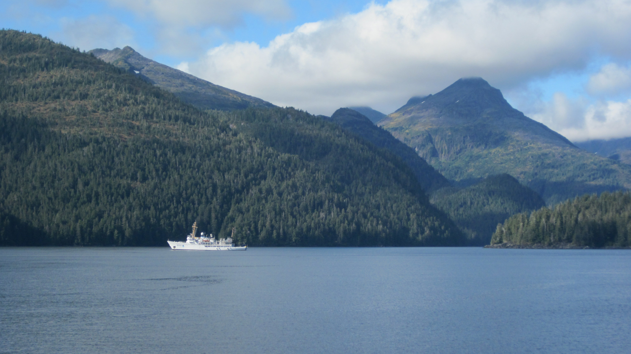 NOAA Ship FAIRWEATHER and the majestic peaks of Chatham Strait area