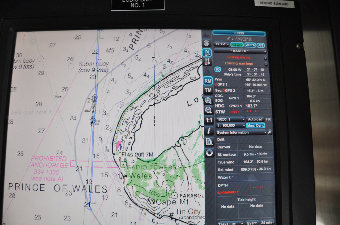 Electronic chart image of Cape Prince of Wales on bridge of NOAA ShipFAIRWEATHER