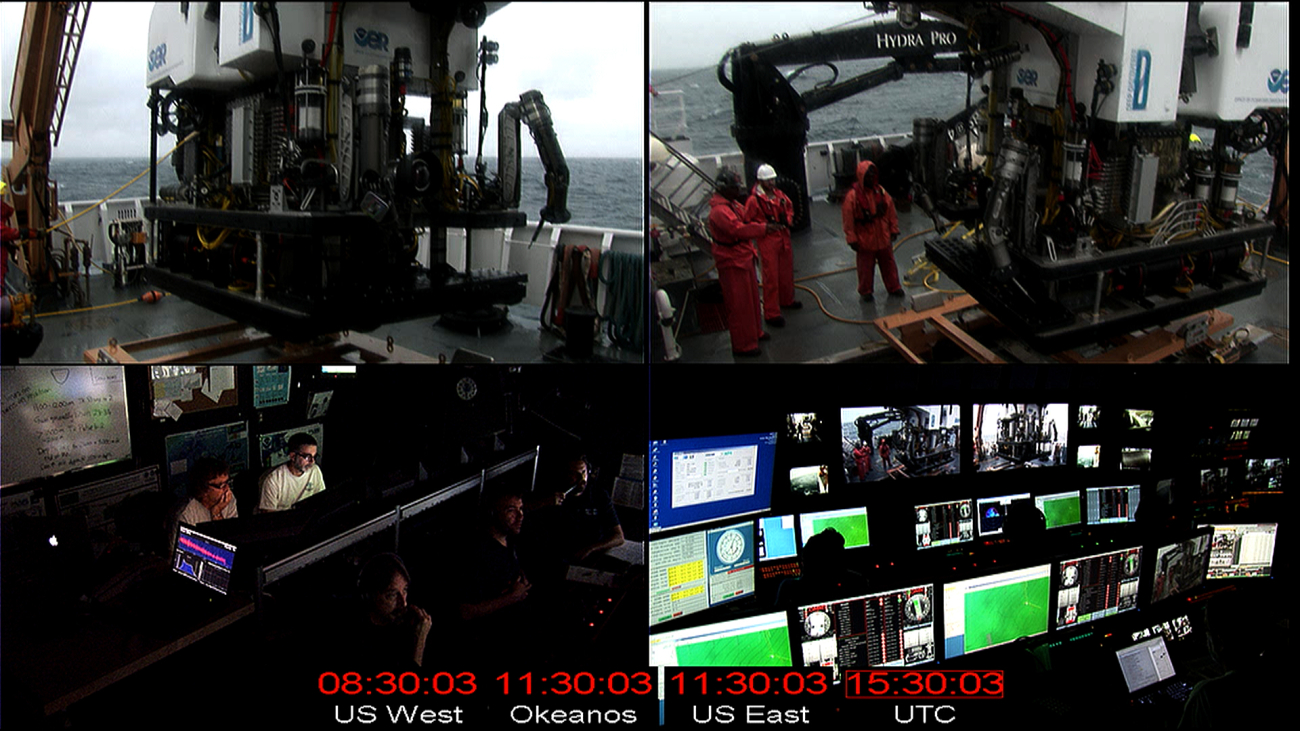 Collage of operations involved in deploying Deep Discoverer including controlroom and deck operations on NOAA Ship OKEANOS EXPLORER