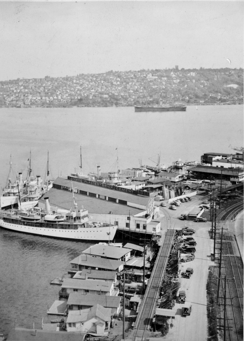 Coast and Geodetic Survey Ships SURVEYOR, GUIDE, DISCOVERER,and PIONEER tied up at the Abel Lumber company warehouse piers