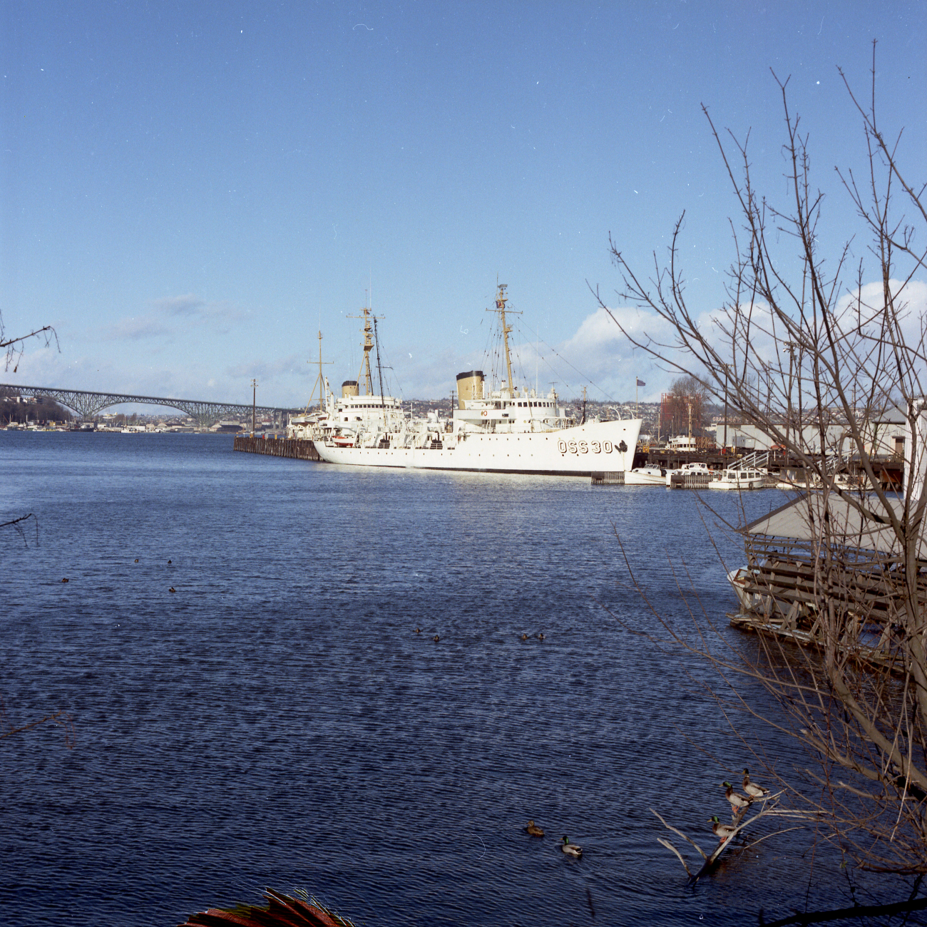 The USC&GS; Ship PATHFINDER (OSS 30) with the SURVEYOR tied upbehind at the Seattle Pacific Marine Center