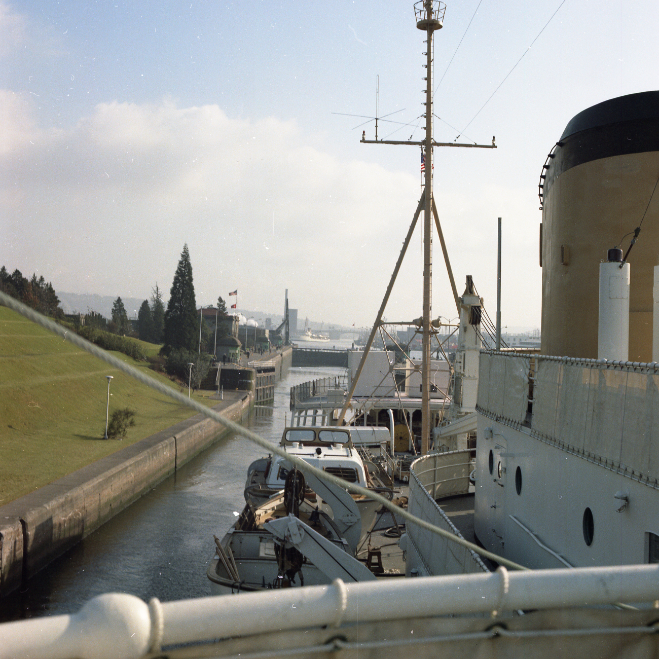 Looking aft as the USC&GS; Ship SURVEYOR proceeds out of the HiramM