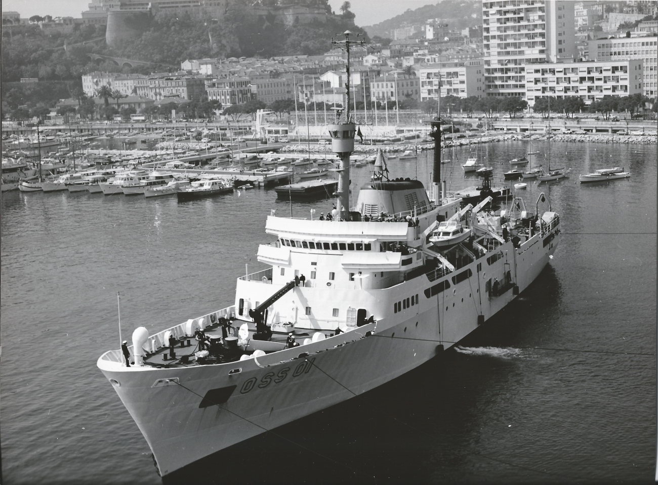The USC&GS; OCEANOGRAPHER being secured to the pier at Monaco