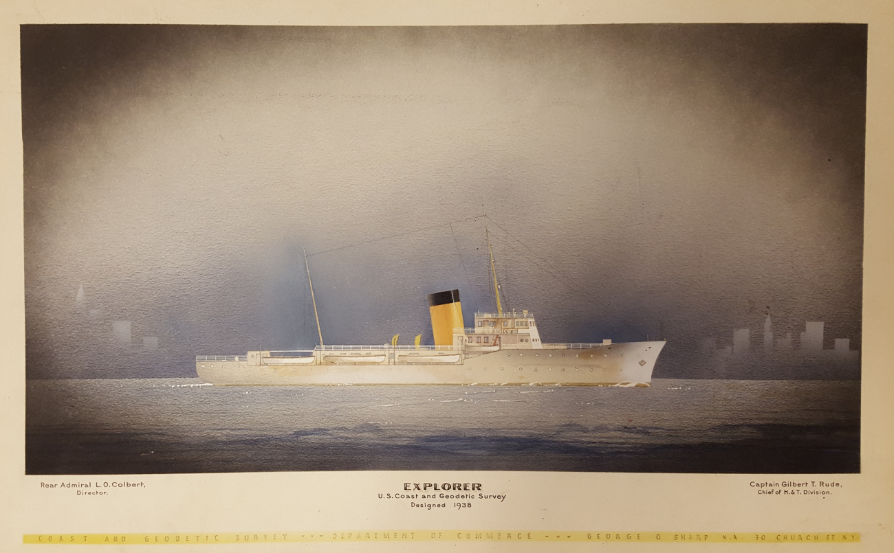 Art deco print of USC&GS; Ship EXPLORER sailing in front of the Seattle skyline