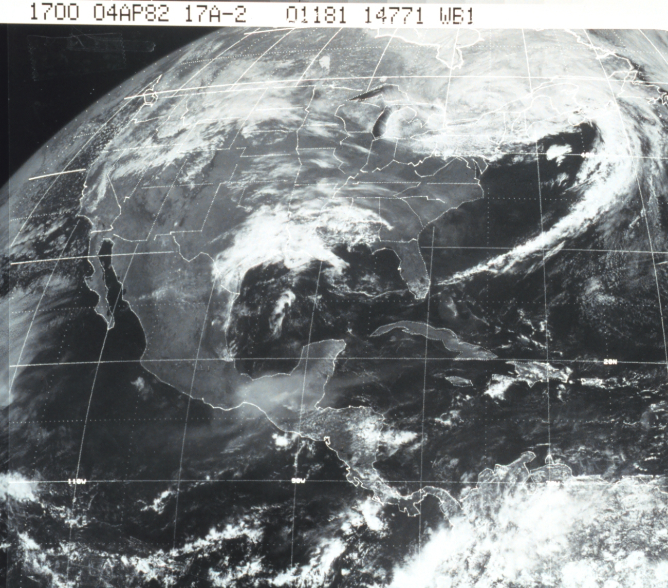 GOES image of North America with storm system over southern states and frontalsystem off the East Coast