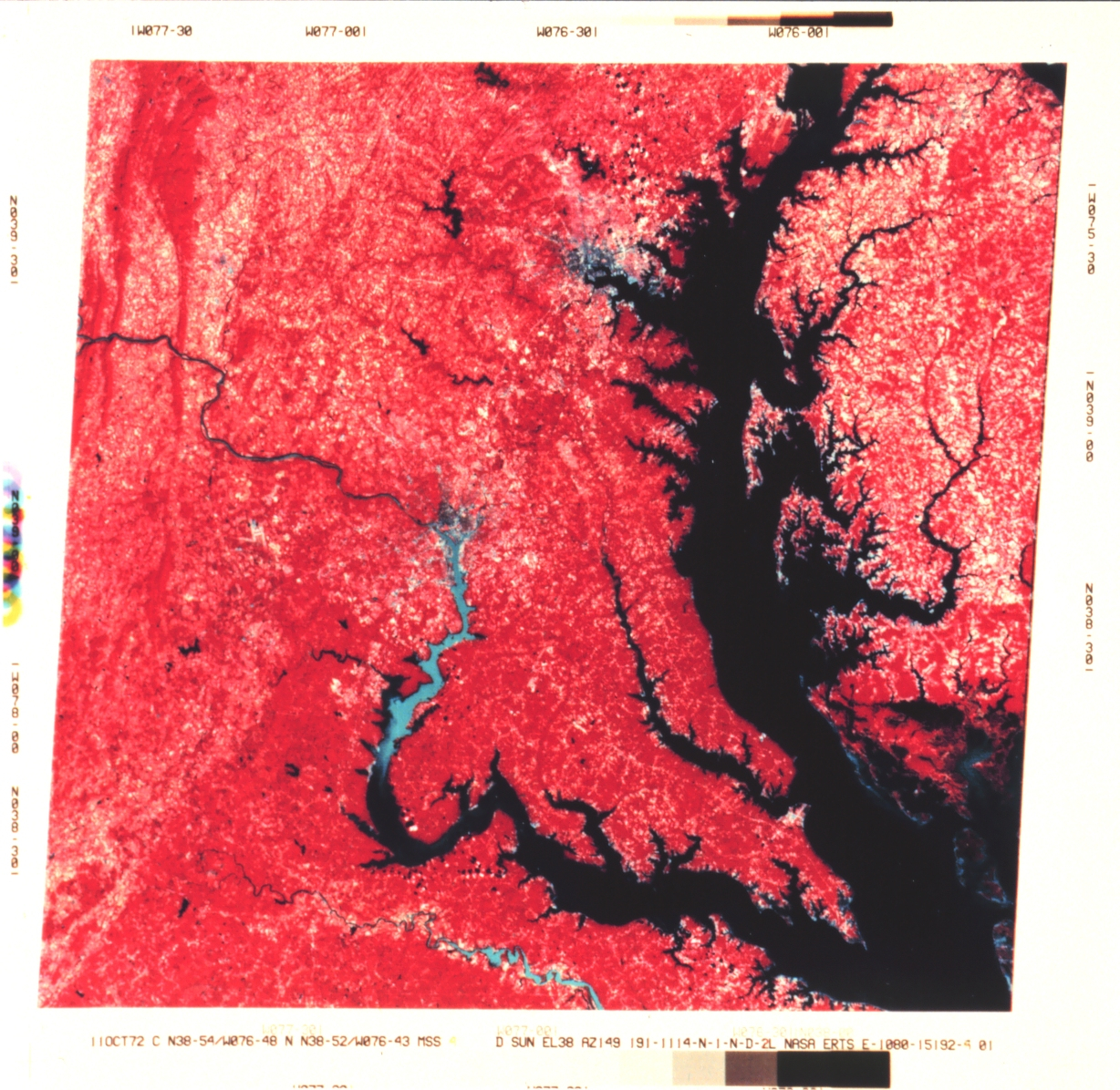 Infrared imagery as obtained by the Landsat satellite of upper Chesapeake Bay