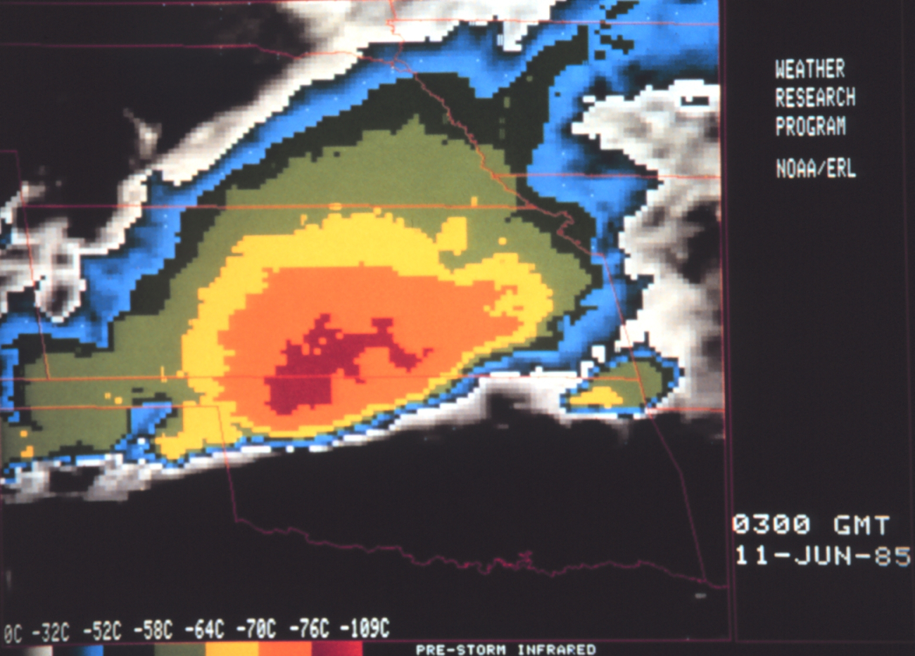 Infrared imagery of cloud top temperatures over Kansas and Oklahoma