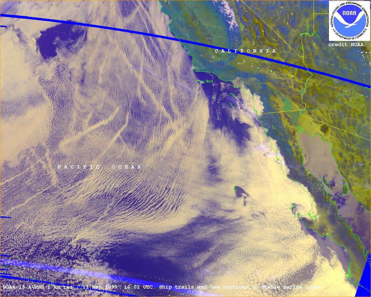 Ship trails and lee vortices south of Guadalupe Island in stable marine layer
