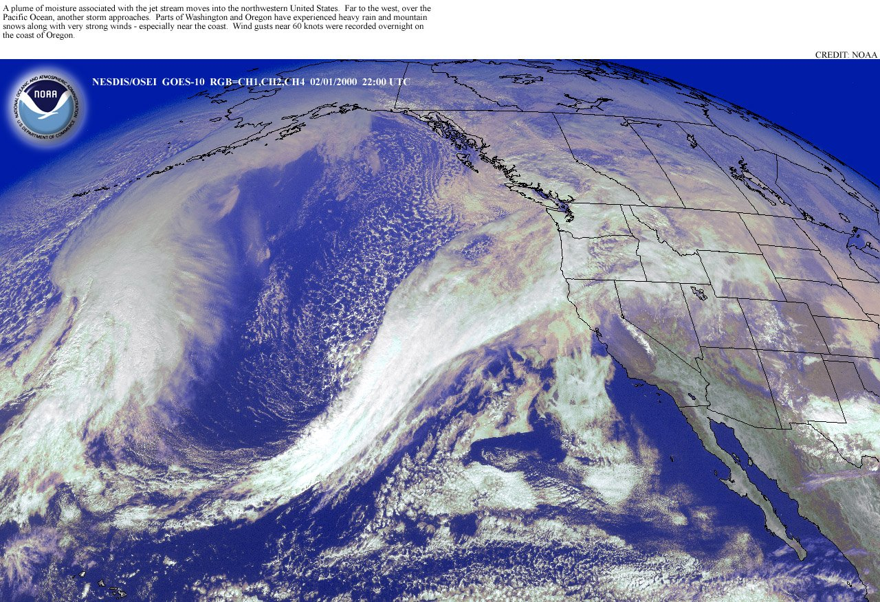 A plume of moisture associated with the jet stream hits the West Coast withwinds up to 60 knots ( 69mph)