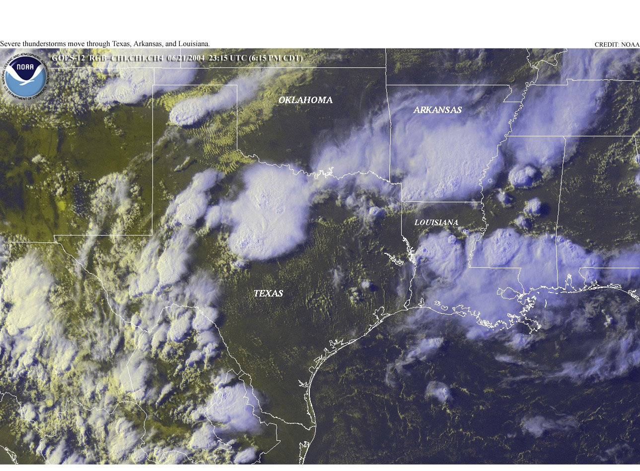 Large thunderstorms occurring from New Mexico to western Florida