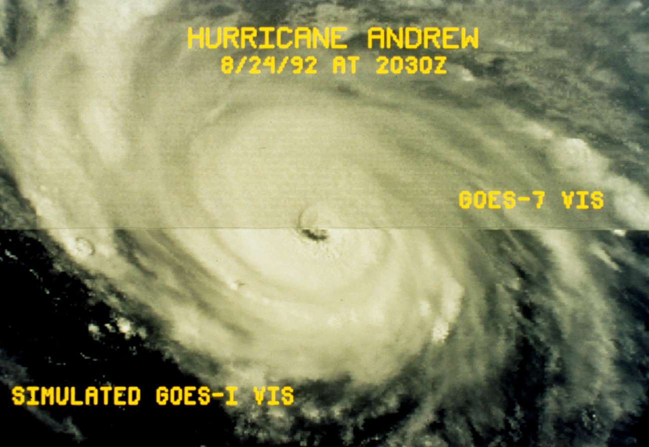 Hurricane Andrew GOES 7 imagery on top of image with a simulatedincrease in resolution as predicted following the launch of GOES I