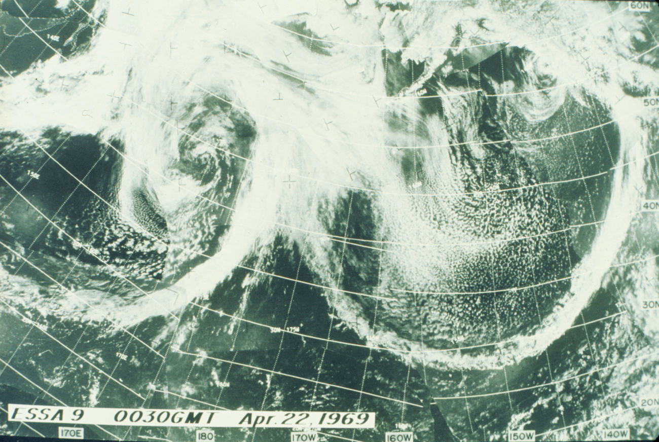 A remarkable image of two frontal systems converging south of the AleutianIslands