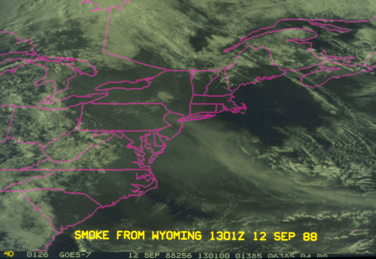 Smoke from Wyoming forest fires is trailing southeast after passing over theMid-Atlantic States