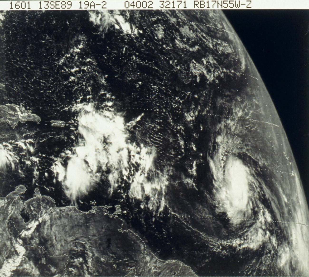 GOES image of tropical wave in Caribbean and Tropical Storm Hugo in theAtlantic