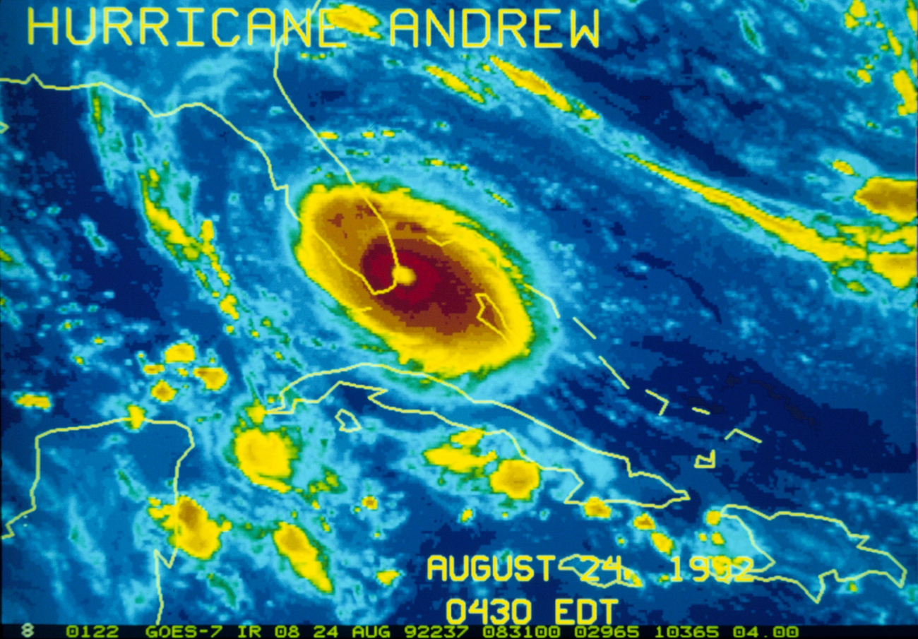 Satellite infrared view of Hurricane Andrew making landfall south of Miami