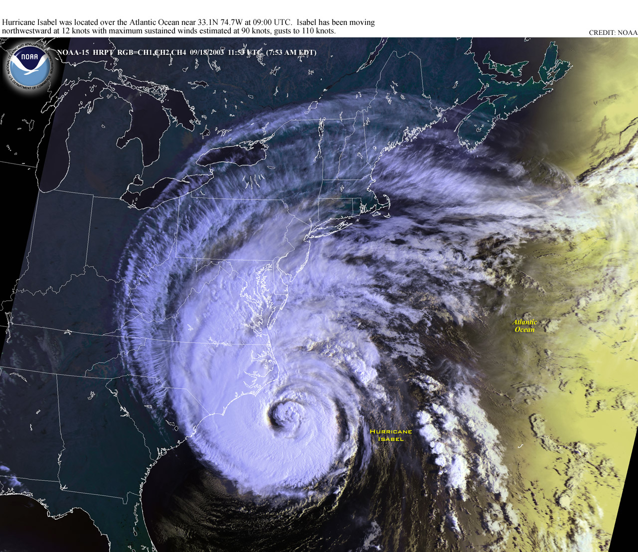 Hurricane Isabel approaching the North Carolina Outer Banks as observed fromthe NOAA-15 Satellite