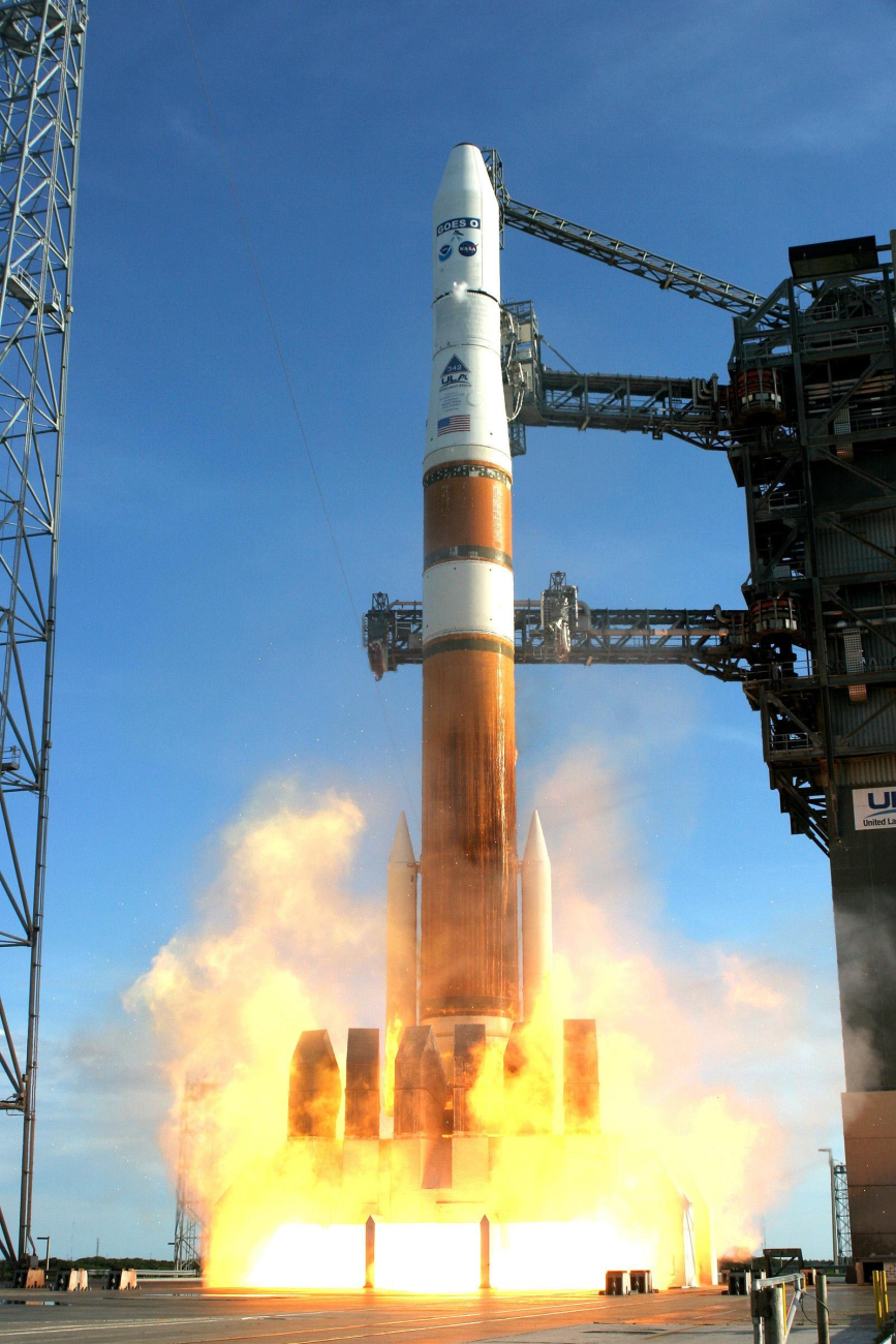 Delta IV rocket lifting off with GOES-O satellite