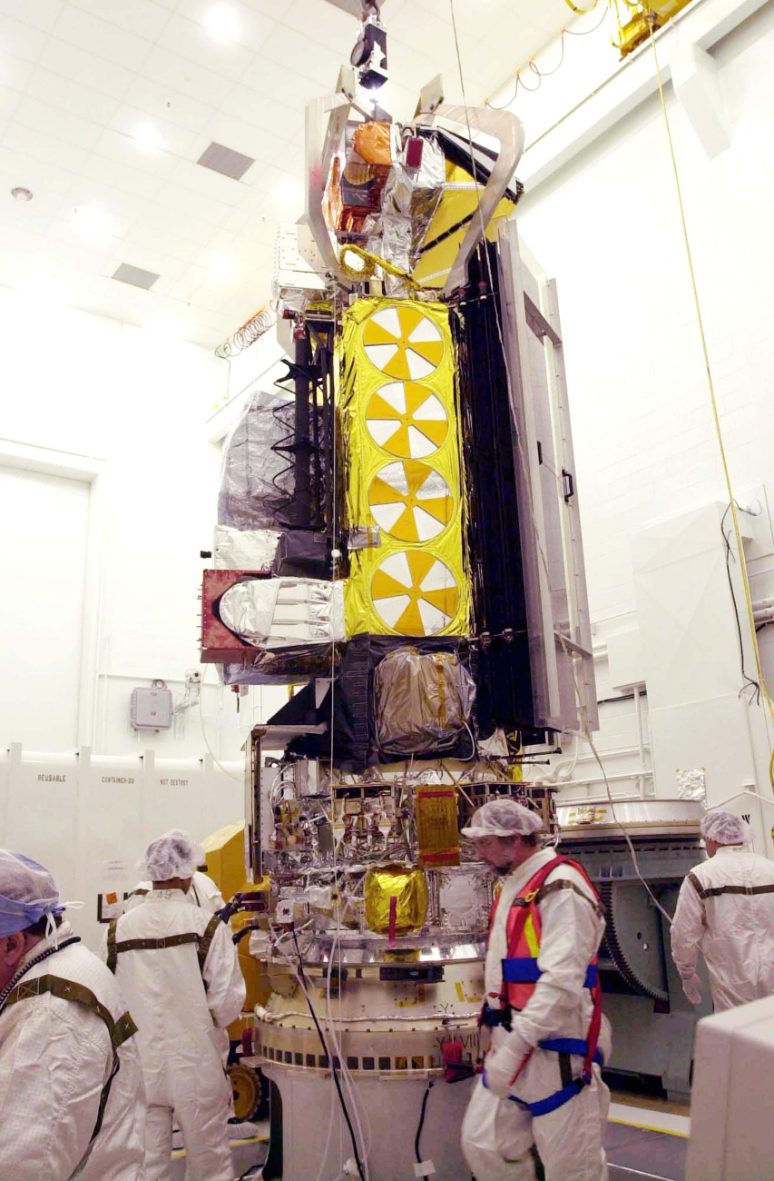 NOAA-N spacecraft sits attached to the Boeing Delta II payload attach fitting on the bottom