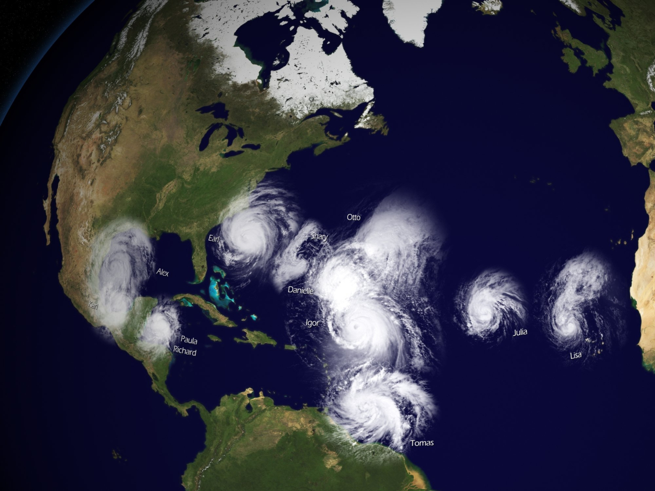 A composite image of 2010 hurricanes