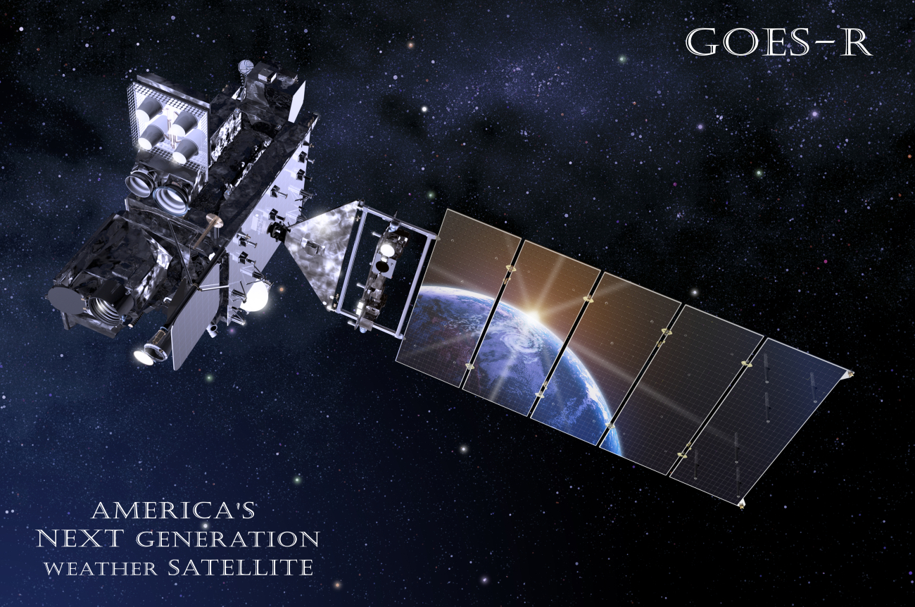 Artist's rendition of GOES R satellite with Earth reflecting off solar panel