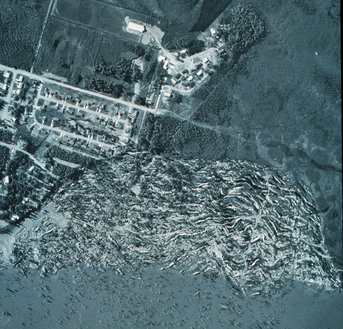 Aerial view of Turnagain Arms, Alaska after 1963 Good Friday Earthquake
