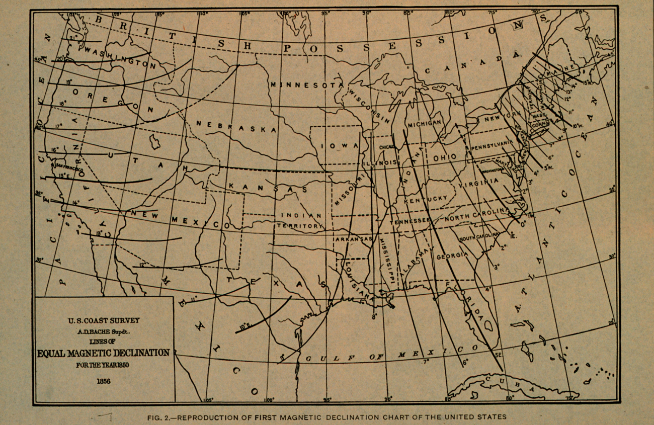 Reproduction of first map showing magnetic declination in the United States