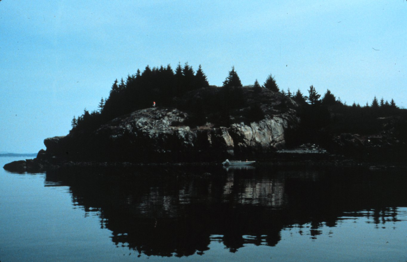 A rocky island on the east side of Penobscot Bay