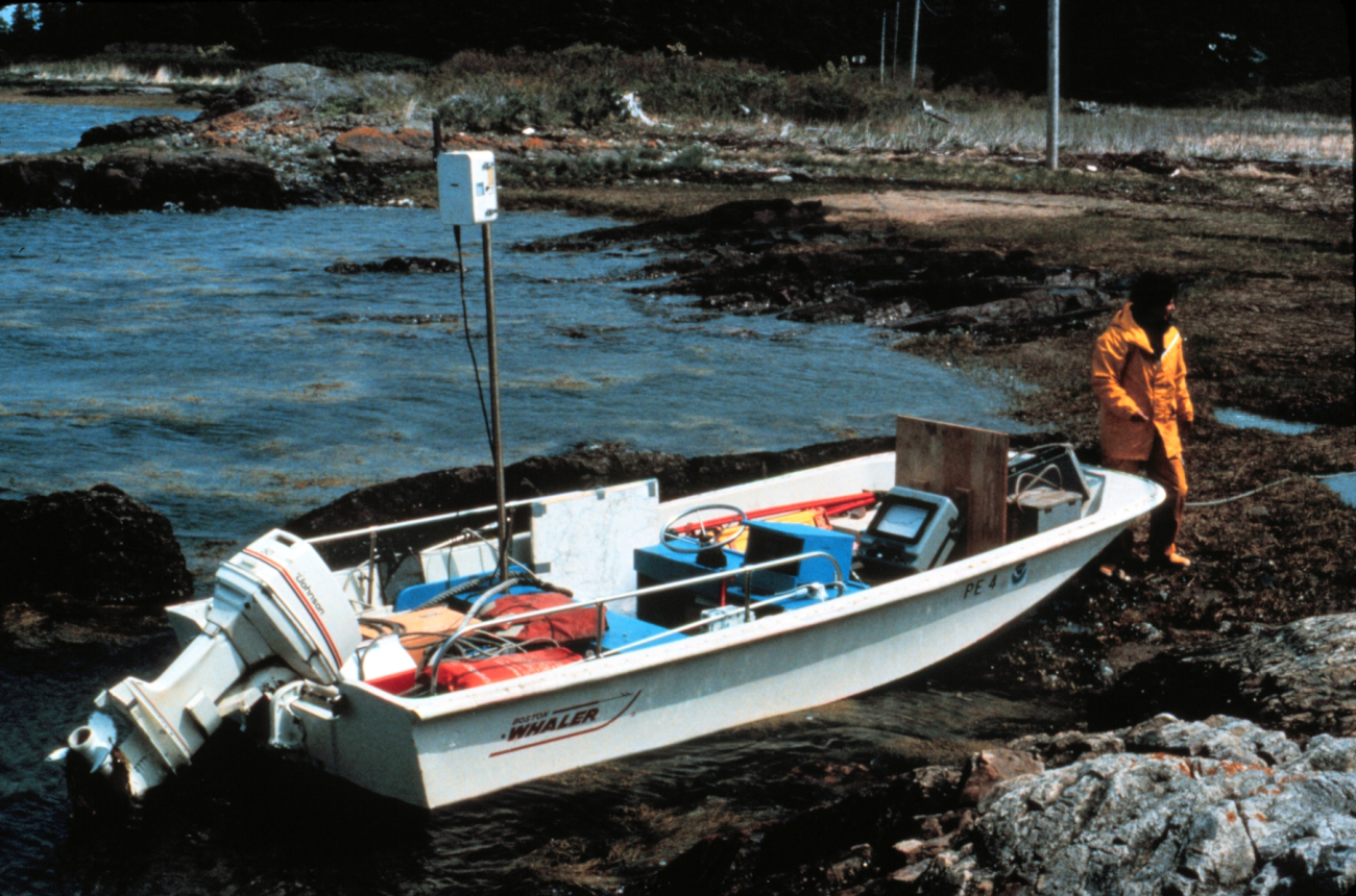 Boston whaler secured on shore in Deer Island Passage