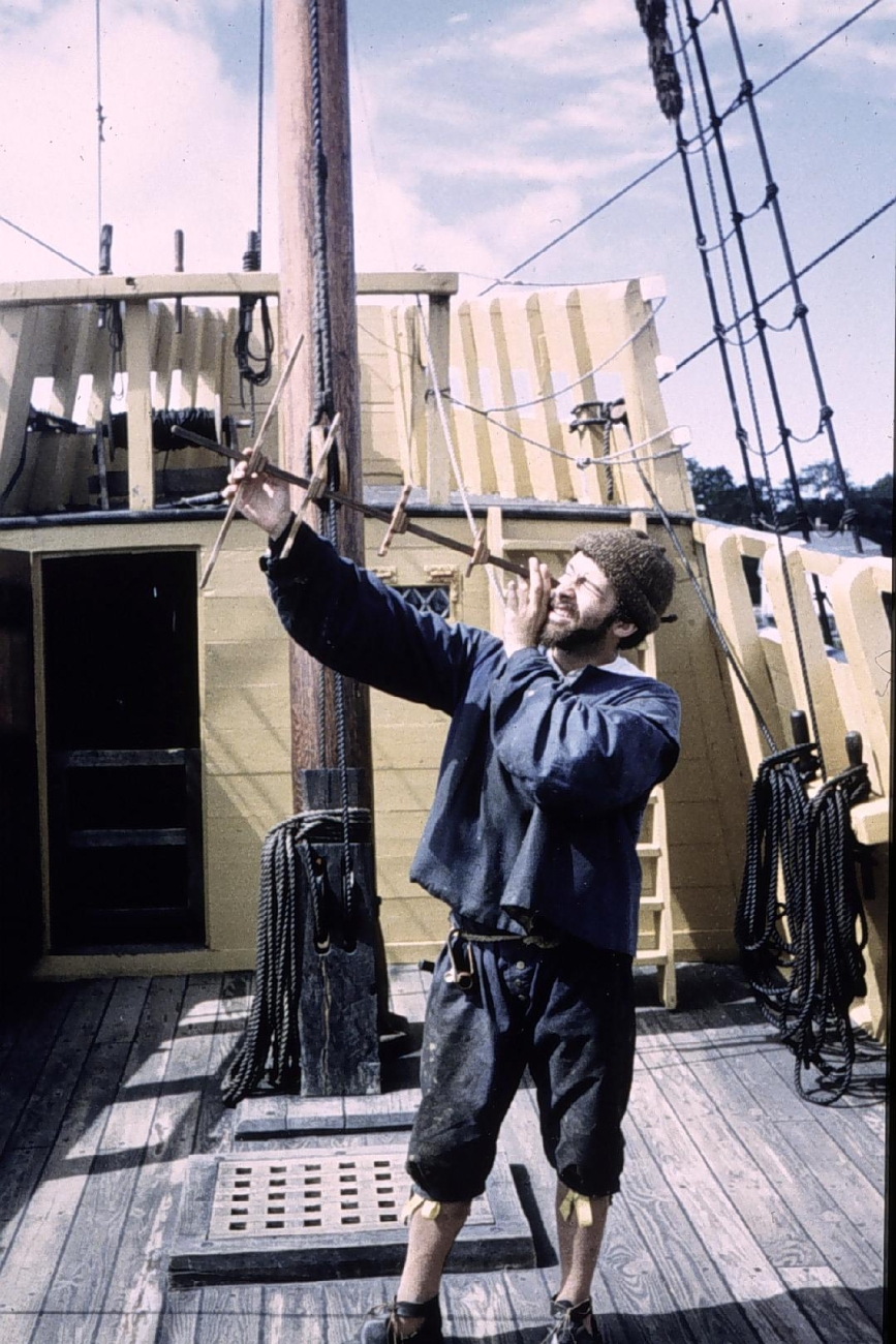 MAYFLOWER mariner demonstrating use of cross-staff
